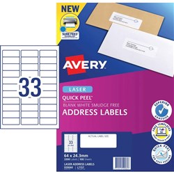 Avery Quick Peel Address Laser White L7157 64x24.3mm 33UP 3300 Labels 100 Sheets