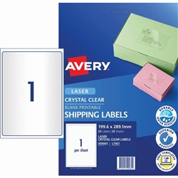 Avery Crystal Clear Laser Shipping Labels L7567 199.6x289.1mm 1UP 25 Labels
